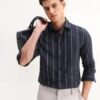 Rare Rabbit Men's Beymen Navy Cotton Striped Print Regular Fit Full Sleeve Collared Shirt