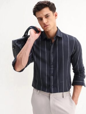 Rare Rabbit Men's Beymen Navy Cotton Striped Print Regular Fit Full Sleeve Collared Shirt