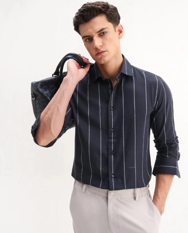Rare Rabbit Men's Beymen Navy Cotton Striped Print Regular Fit Full Sleeve Collared Shirt