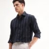 Rare Rabbit Men's Beymen Navy Cotton Striped Print Regular Fit Full Sleeve Collared Shirt