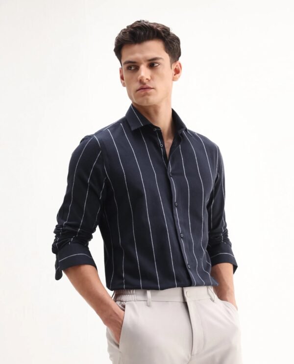 Rare Rabbit Men's Beymen Navy Cotton Striped Print Regular Fit Full Sleeve Collared Shirt