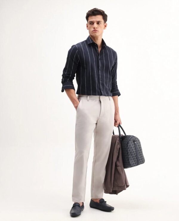 Rare Rabbit Men's Beymen Navy Cotton Striped Print Regular Fit Full Sleeve Collared Shirt