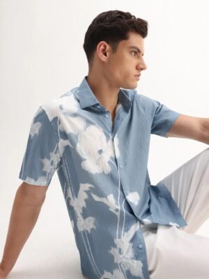 Rare Rabbit Men's Groti Light Blue Viscose Blend Floral Print Relaxed Fit Half Sleeve Collared Shirt