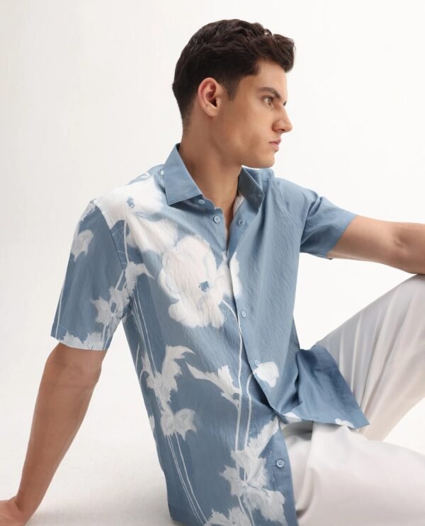 Rare Rabbit Men's Groti Light Blue Viscose Blend Floral Print Relaxed Fit Half Sleeve Collared Shirt