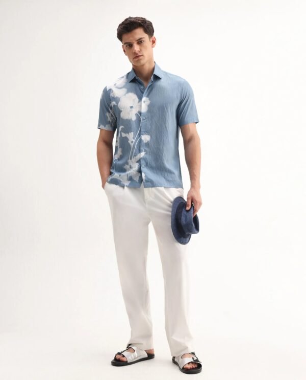 Rare Rabbit Men's Groti Light Blue Viscose Blend Floral Print Relaxed Fit Half Sleeve Collared Shirt