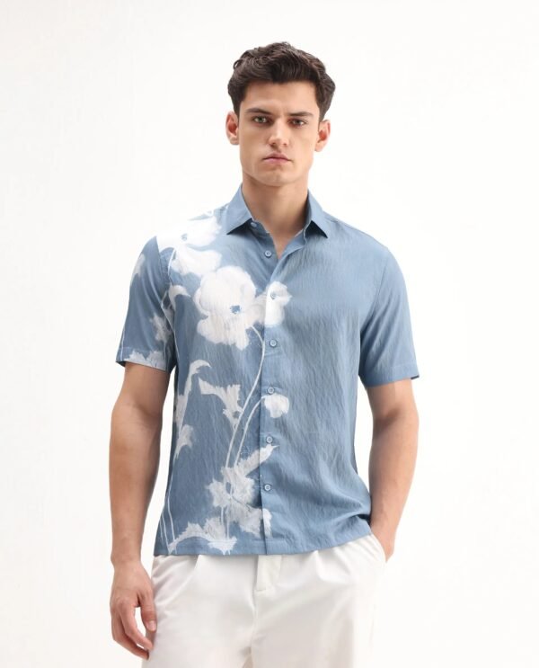 Rare Rabbit Men's Groti Light Blue Viscose Blend Floral Print Relaxed Fit Half Sleeve Collared Shirt