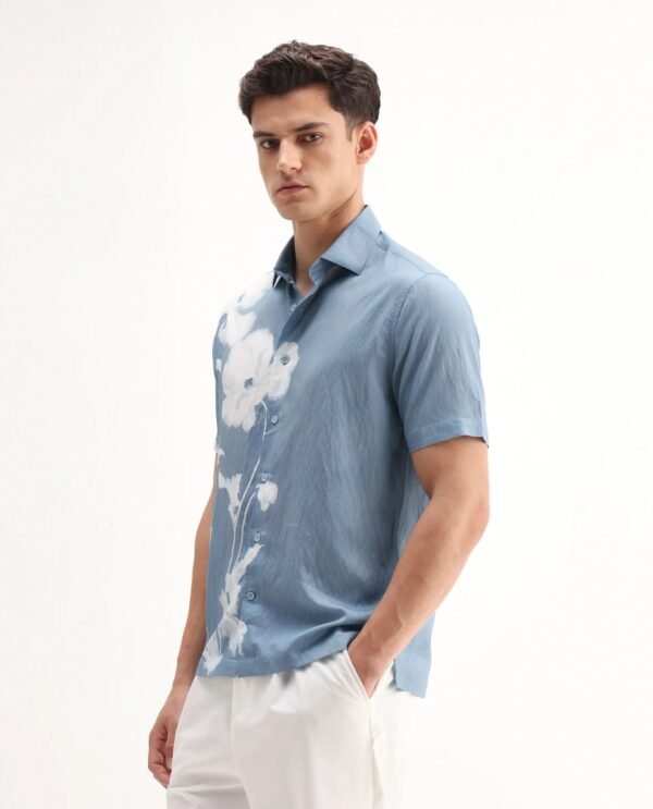 Rare Rabbit Men's Groti Light Blue Viscose Blend Floral Print Relaxed Fit Half Sleeve Collared Shirt