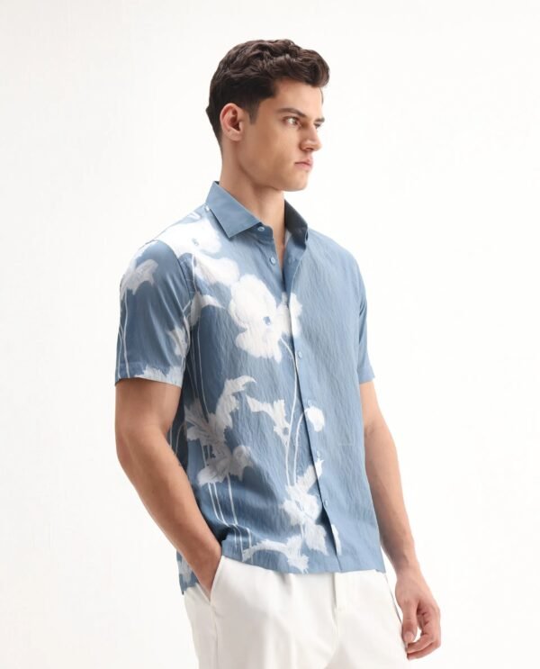 Rare Rabbit Men's Groti Light Blue Viscose Blend Floral Print Relaxed Fit Half Sleeve Collared Shirt