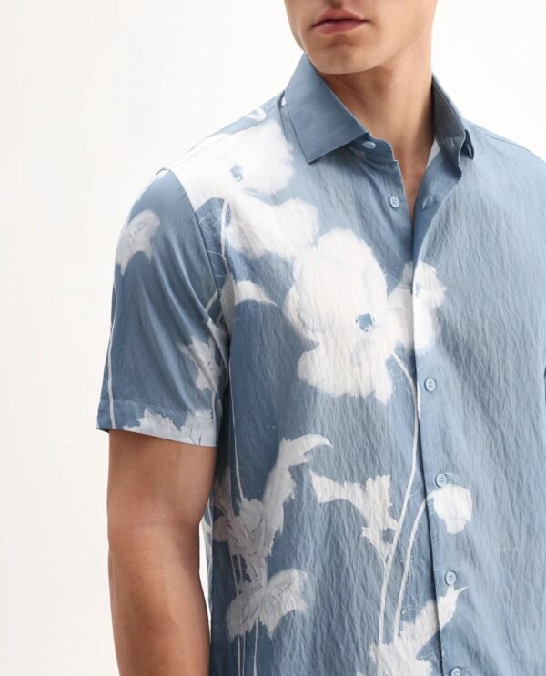 Rare Rabbit Men's Groti Light Blue Viscose Blend Floral Print Relaxed Fit Half Sleeve Collared Shirt