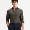 Rare Rabbit Men's Juxe Brown Cotton Fabric Spread Collar Regular Fit Geometric Print Shirt