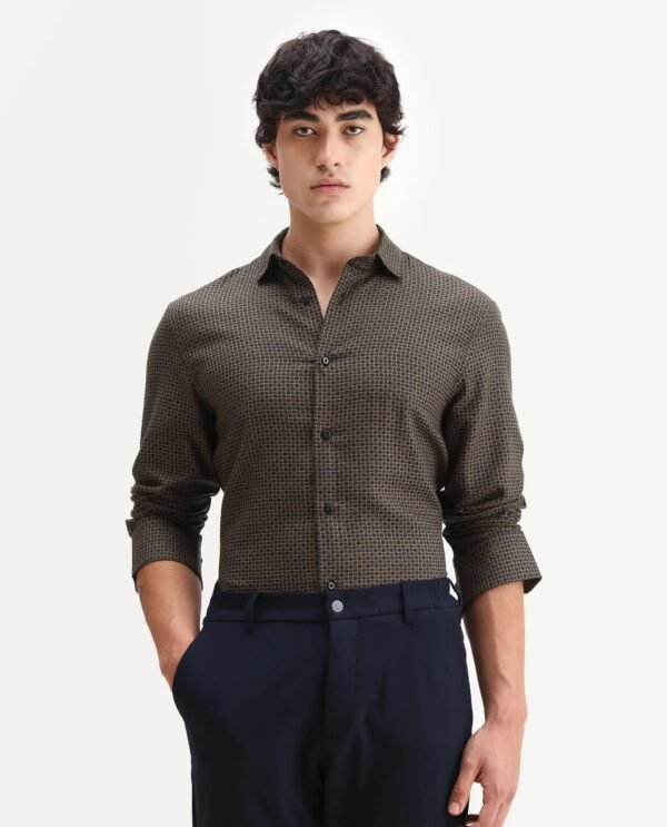 Rare Rabbit Men's Juxe Brown Cotton Fabric Spread Collar Regular Fit Geometric Print Shirt