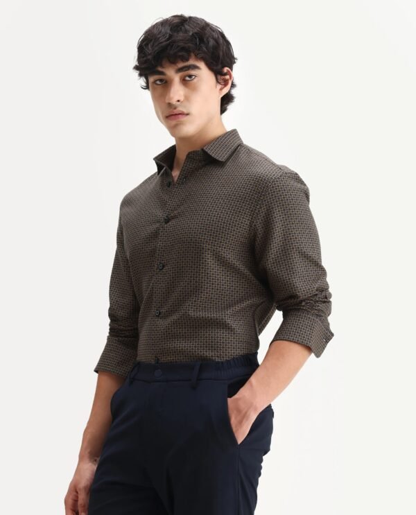 Rare Rabbit Men's Juxe Brown Cotton Fabric Spread Collar Regular Fit Geometric Print Shirt