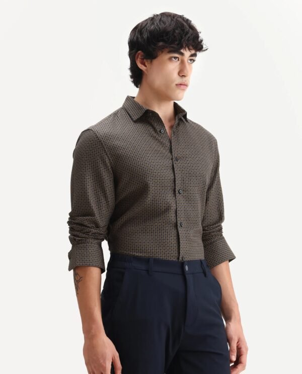 Rare Rabbit Men's Juxe Brown Cotton Fabric Spread Collar Regular Fit Geometric Print Shirt