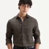 Rare Rabbit Men's Juxe Brown Cotton Fabric Spread Collar Regular Fit Geometric Print Shirt