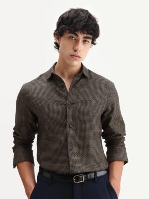 Rare Rabbit Men's Juxe Brown Cotton Fabric Spread Collar Regular Fit Geometric Print Shirt