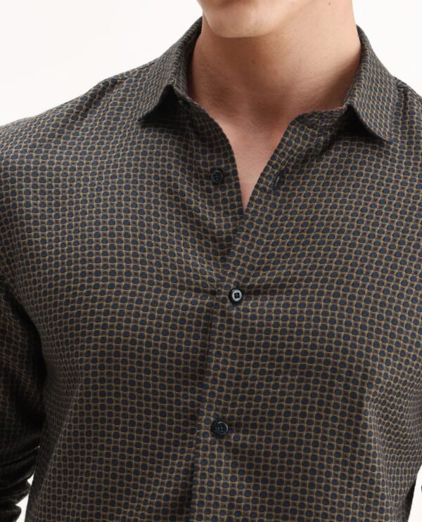 Rare Rabbit Men's Juxe Brown Cotton Fabric Spread Collar Regular Fit Geometric Print Shirt