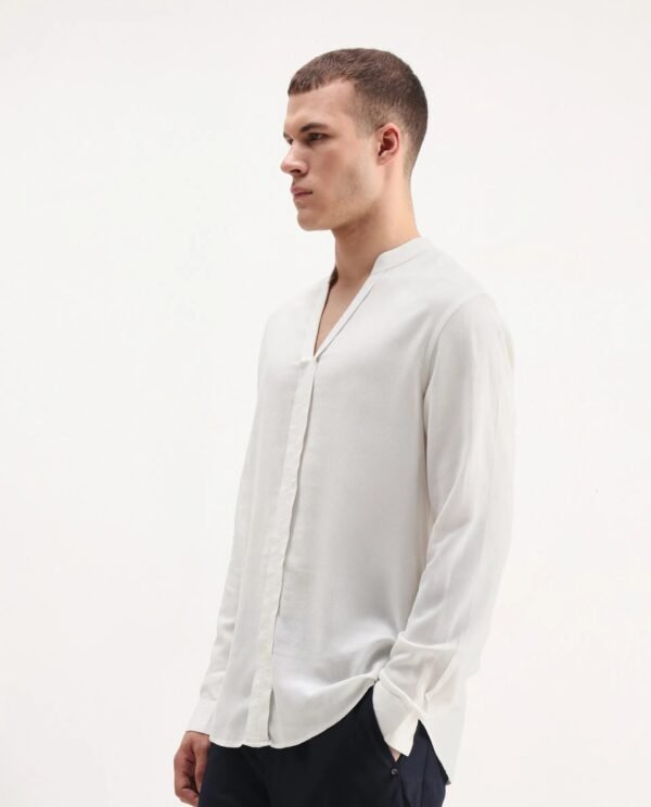 Rare Rabbit Men's Kurto 25 White Linen Blend Plain Regular Fit Full Sleeve Mandarin Collar Shirt