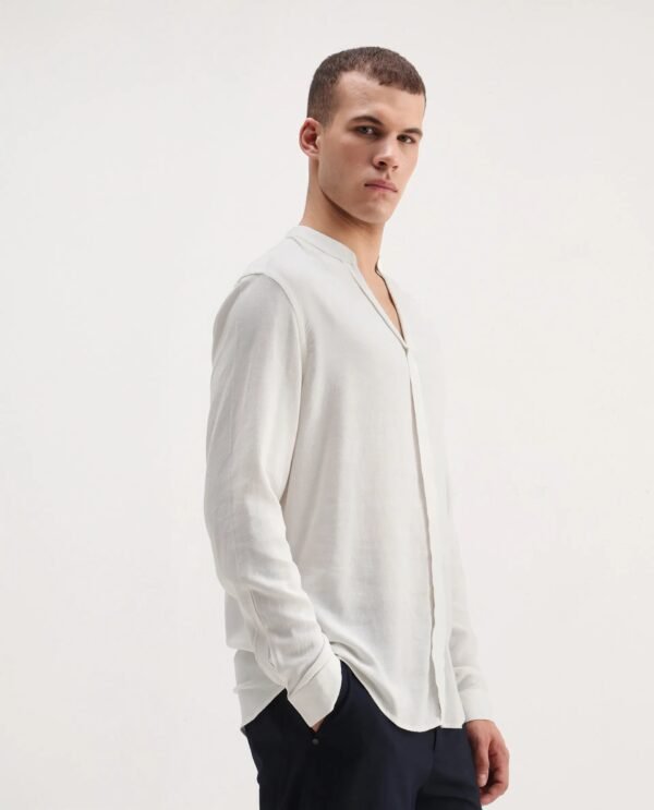 Rare Rabbit Men's Kurto 25 White Linen Blend Plain Regular Fit Full Sleeve Mandarin Collar Shirt