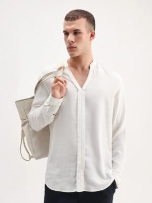 Rare Rabbit Men's Kurto 25 White Linen Blend Plain Regular Fit Full Sleeve Mandarin Collar Shirt