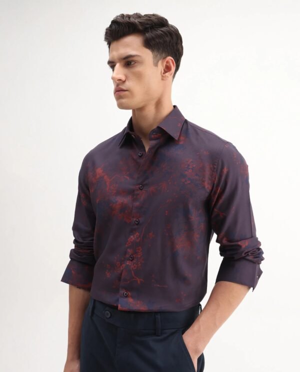 Rare Rabbit Men's Luri Purple Viscose Floral Print Regular Fit Full Sleeve Collared Shirt