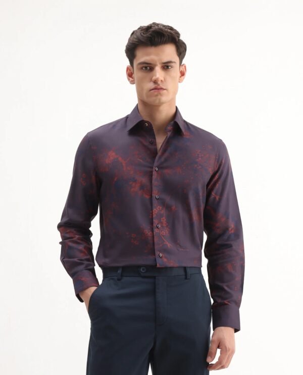 Rare Rabbit Men's Luri Purple Viscose Floral Print Regular Fit Full Sleeve Collared Shirt