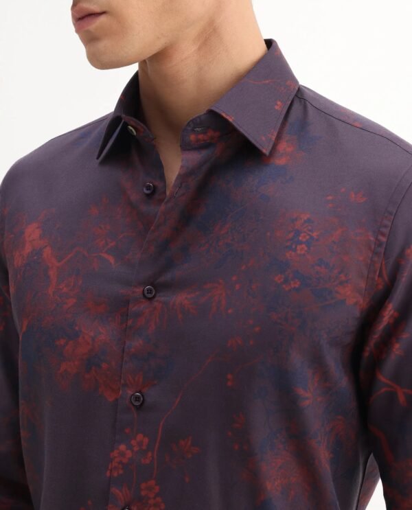 Rare Rabbit Men's Luri Purple Viscose Floral Print Regular Fit Full Sleeve Collared Shirt