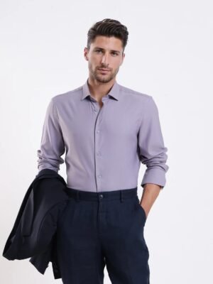 Rare Rabbit Men's Mero-25 Light Purple Viscose Striped Print Regular Fit Full Sleeve Collared Shirt