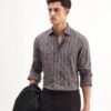 Rare Rabbit Men's Nira Brown Viscose Geometric Print Regular Fit Full Sleeve Collared Shirt
