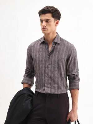 Rare Rabbit Men's Nira Brown Viscose Geometric Print Regular Fit Full Sleeve Collared Shirt