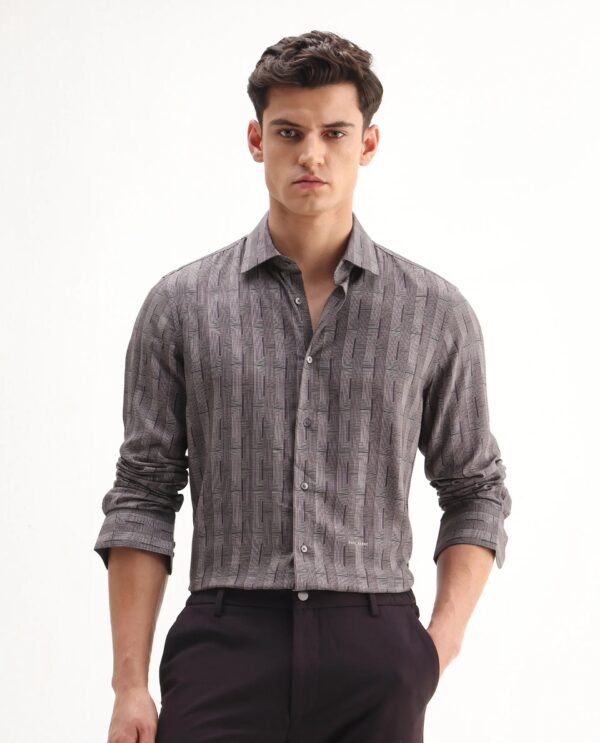 Rare Rabbit Men's Nira Brown Viscose Geometric Print Regular Fit Full Sleeve Collared Shirt