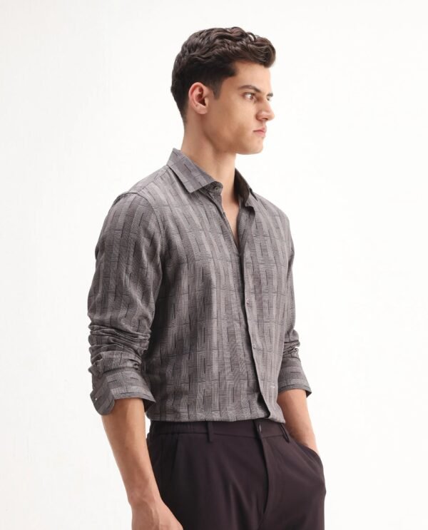 Rare Rabbit Men's Nira Brown Viscose Geometric Print Regular Fit Full Sleeve Collared Shirt