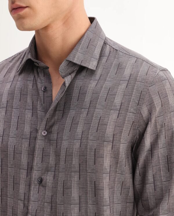 Rare Rabbit Men's Nira Brown Viscose Geometric Print Regular Fit Full Sleeve Collared Shirt