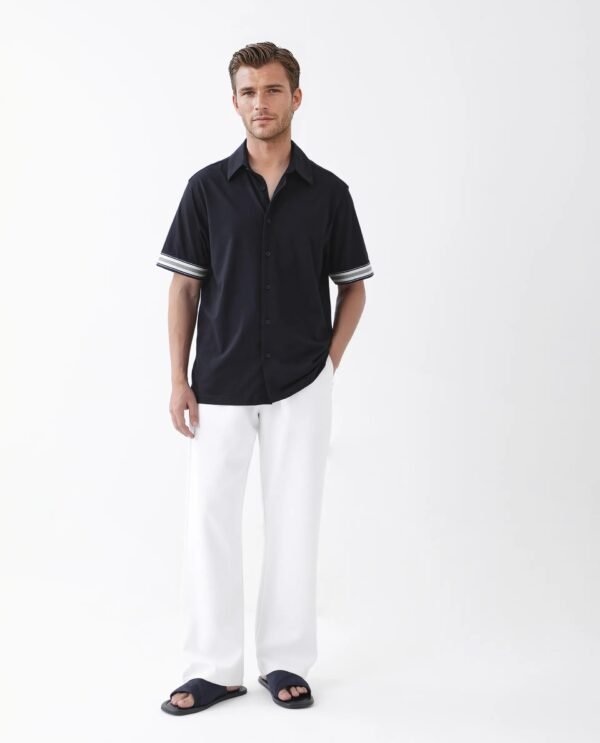 Rare Rabbit Men's Oble Dark Navy Cotton Blend Striped Print Relaxed Fit Half Sleeve Collared Shirt