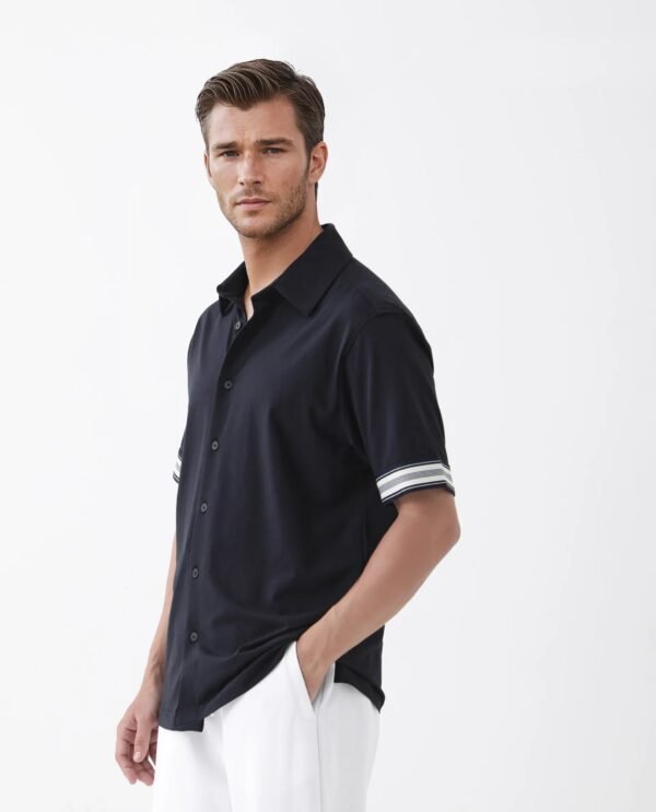 Rare Rabbit Men's Oble Dark Navy Cotton Blend Striped Print Relaxed Fit Half Sleeve Collared Shirt