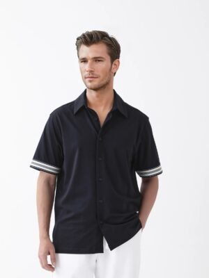 Rare Rabbit Men's Oble Dark Navy Cotton Blend Striped Print Relaxed Fit Half Sleeve Collared Shirt