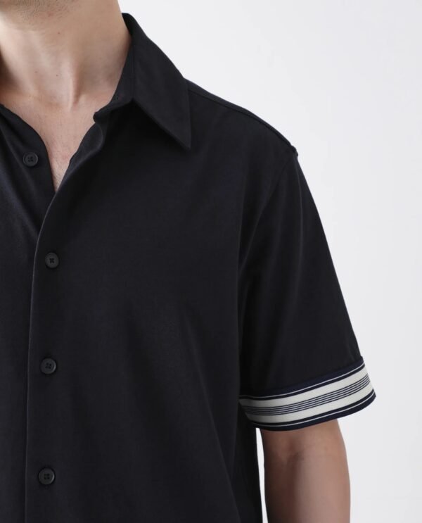 Rare Rabbit Men's Oble Dark Navy Cotton Blend Striped Print Relaxed Fit Half Sleeve Collared Shirt