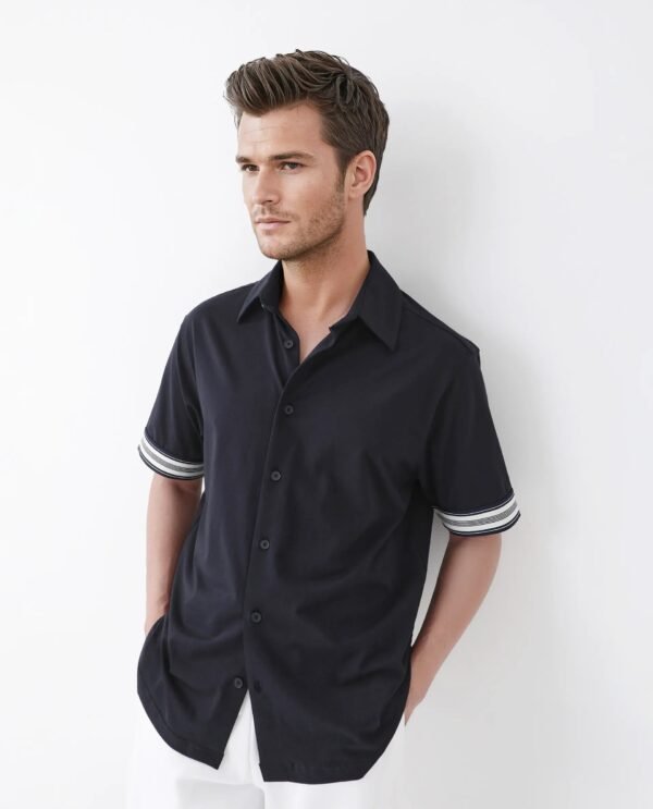 Rare Rabbit Men's Oble Dark Navy Cotton Blend Striped Print Relaxed Fit Half Sleeve Collared Shirt