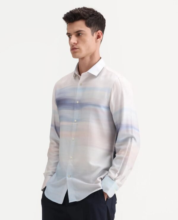 Rare Rabbit Men's Pumot Off White Cotton Blend Abstract Print Regular Fit Full Sleeve Collared Shirt