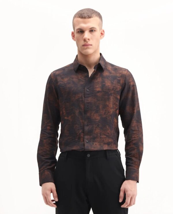Rare Rabbit Men's Retro Dusky Brown Viscose Blend Abstract Print Regular Fit Full Sleeve Collared Shirt