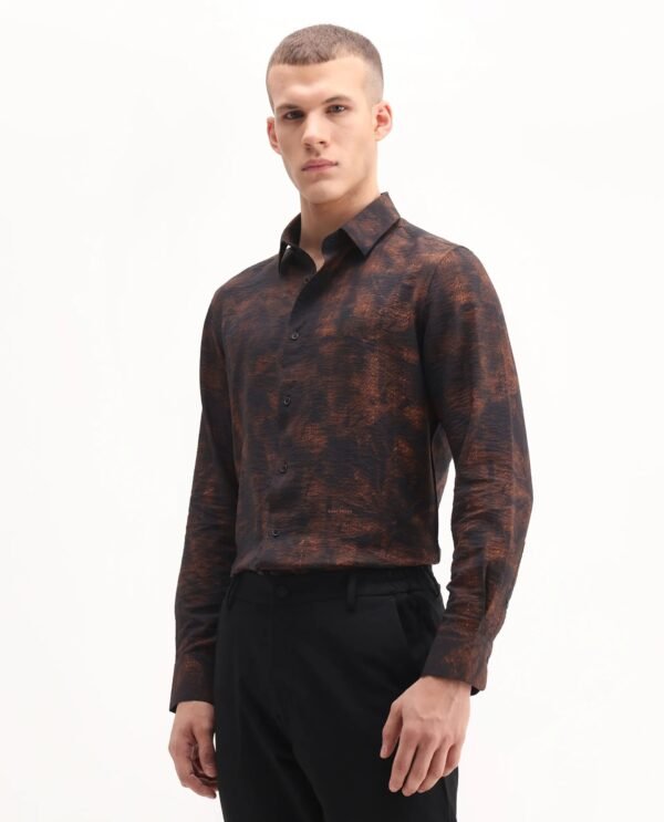 Rare Rabbit Men's Retro Dusky Brown Viscose Blend Abstract Print Regular Fit Full Sleeve Collared Shirt