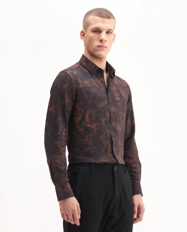 Rare Rabbit Men's Retro Dusky Brown Viscose Blend Abstract Print Regular Fit Full Sleeve Collared Shirt