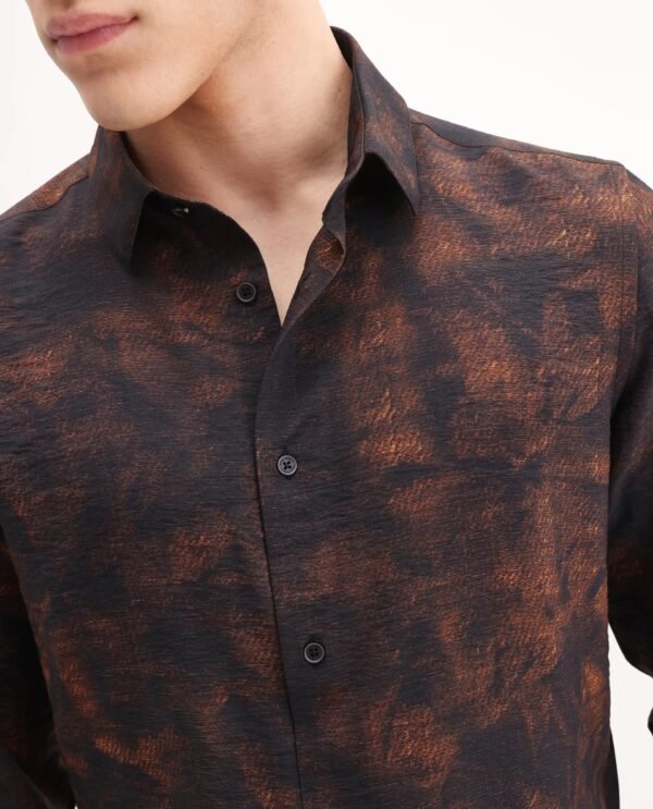 Rare Rabbit Men's Retro Dusky Brown Viscose Blend Abstract Print Regular Fit Full Sleeve Collared Shirt