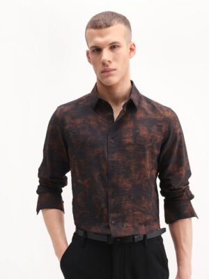 Rare Rabbit Men's Retro Dusky Brown Viscose Blend Abstract Print Regular Fit Full Sleeve Collared Shirt