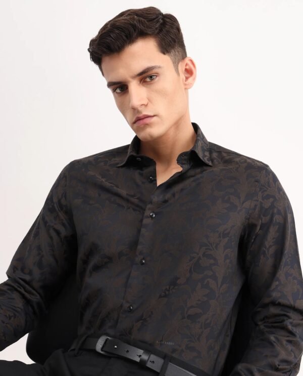 Rare Rabbit Men's Ringer-S Black Cotton Jacquard Regular Fit Full Sleeve Collared Shirt