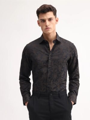 Rare Rabbit Men's Ringer-S Black Cotton Jacquard Regular Fit Full Sleeve Collared Shirt