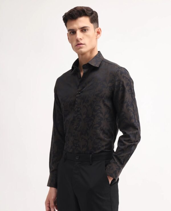 Rare Rabbit Men's Ringer-S Black Cotton Jacquard Regular Fit Full Sleeve Collared Shirt