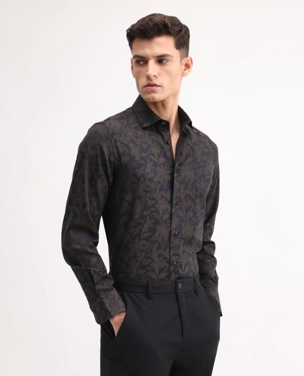 Rare Rabbit Men's Ringer-S Black Cotton Jacquard Regular Fit Full Sleeve Collared Shirt