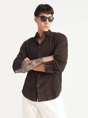 Rare Rabbit Men's Buita Dark Brown Cotton Plain Regular Fit Full Sleeve Collared Shirt