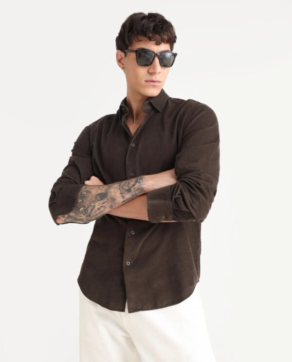 Rare Rabbit Men's Buita Dark Brown Cotton Plain Regular Fit Full Sleeve Collared Shirt