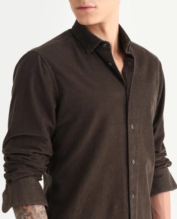 Rare Rabbit Men's Buita Dark Brown Cotton Plain Regular Fit Full Sleeve Collared Shirt